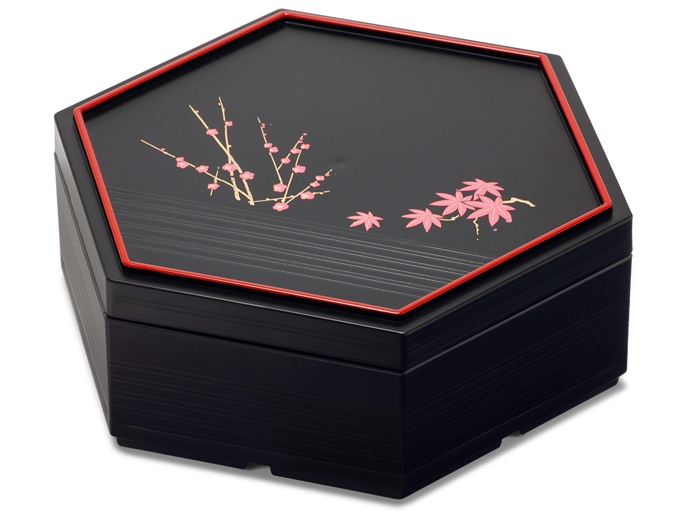 塗ミニ重箱 亀甲 黒 6寸画像