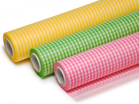 フラワーラップ Ｒチェック（写真左からイエロー・黄緑・ピンク）材質：不織布　サイズ：65cm巾×20m巻き