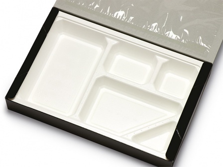 紙製弁当 黒 90-60 パルプモールド白 5ヶ仕切セットの画像