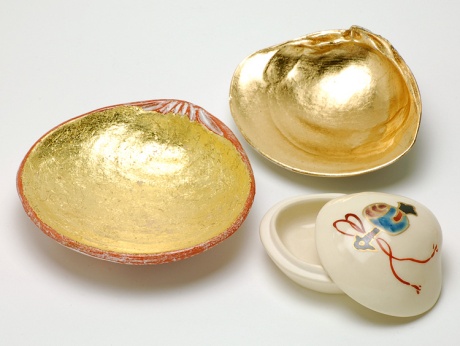 赤楽金塗蛤小皿　金塗蛤珍味　小槌絵蛤香合