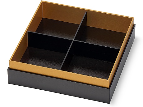 八掛印籠 黒金 本体 に 紙製仕切 黒紬 深型十字 を合わせた画像