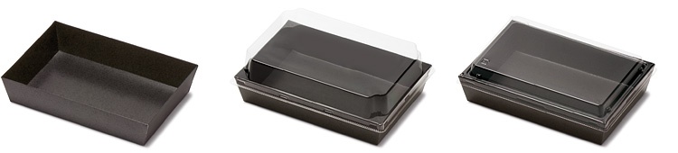 00-15107-011 トレー型紙容器 ブラック KM-76 本体と00-15107-294 トレー型紙容器 KM-76 高蓋、00-15107-264 トレー型紙容器 KM-76 耐熱蓋