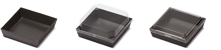 00-15107-009 トレー型紙容器 ブラック KM-75 本体と00-15107-292 トレー型紙容器 KM-75 高蓋、00-15107-260 トレー型紙容器 KM-75 耐熱蓋