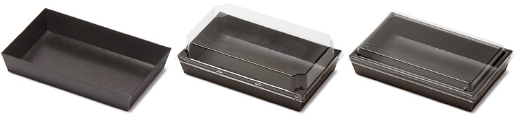 00-15107-013 トレー型紙容器 ブラック KM-77 本体と00-15107-296 トレー型紙容器 KM-77 高蓋、00-15107-268 トレー型紙容器 KM-77 耐熱蓋