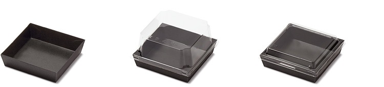 00-15107-005 トレー型紙容器 ブラック KM-73 本体と00-15107-252 トレー型紙容器 KM-73 高蓋、00-15107-288 トレー型紙容器 KM-73 耐熱蓋