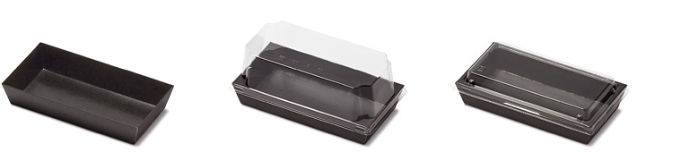00-15107-003 トレー型紙容器 ブラック KM-72 本体と00-15107-280 トレー型紙容器 KM-72 高蓋、00-15107-286 トレー型紙容器 KM-72 耐熱蓋