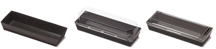00-15107-007 トレー型紙容器 ブラック KM-74 本体と00-15107-290 トレー型紙容器 KM-74 高蓋、00-15107-256 トレー型紙容器 KM-74 耐熱蓋