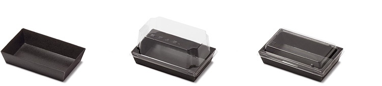 00-15107-001 トレー型紙容器 ブラック KM-71 本体と00-15107-276 トレー型紙容器 KM-71 高蓋、00-15107-284 トレー型紙容器 KM-71 耐熱蓋