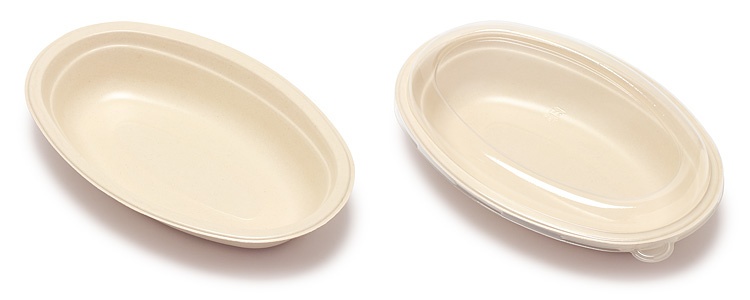 00-15109-007 バガスモールド カレー皿 ラミ加工と00-15109-008 バガスモールド カレー皿用 PET蓋