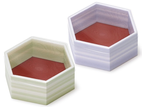 00-12115-232 ユニ折箱 六角ミニ ほのか草 透明蓋付と00-12115-231 ユニ折箱 六角ミニ ほのか藤 透明蓋付