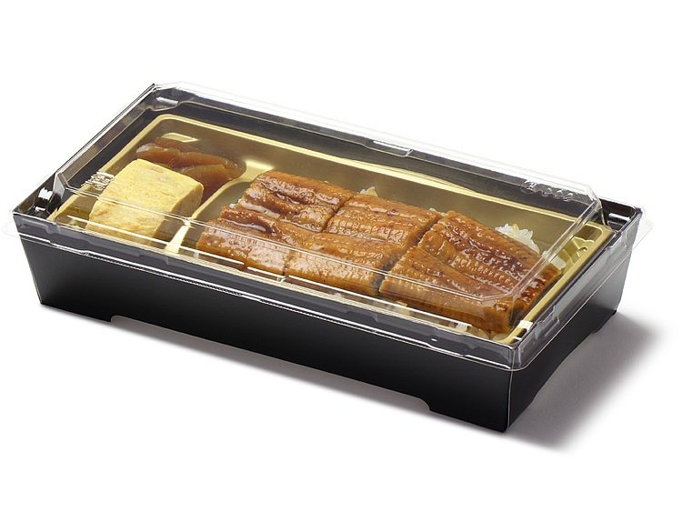 00-15107-021 紙容器 SKS302 黒 金中皿・透明蓋セットにうな丼を盛り付けた使用例