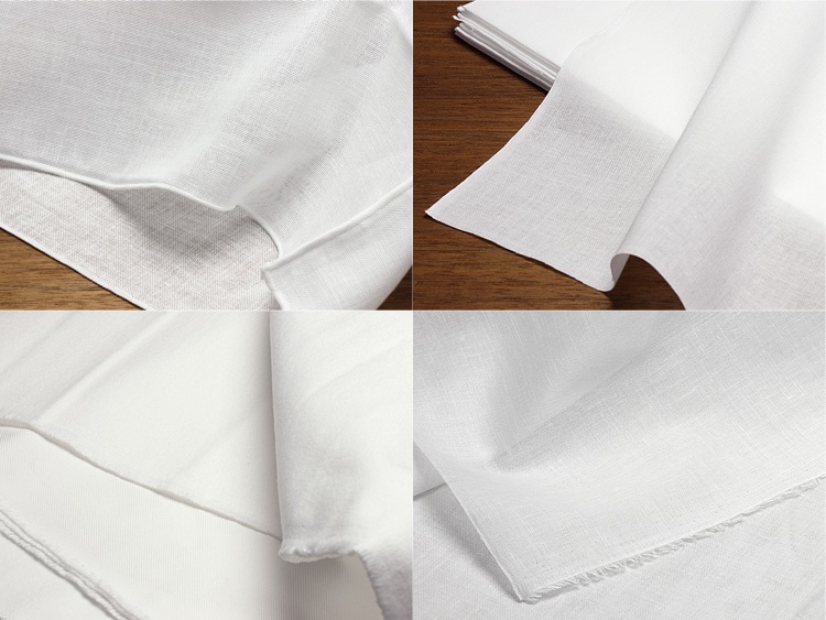 【左上】00-411080-103 ガーゼ巾着 ふきんの王様 32×49cm【右上】00-41110-001 極上食品用晒し 32cm×9m巻【左下】00-41109-001 ネル 70×300cm【右下】00-41108-001 ガーゼ 110×450cmの質感
