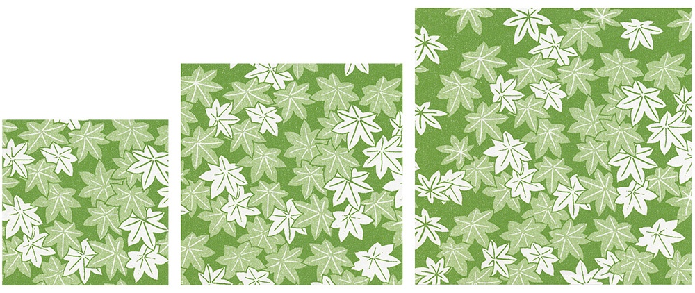 00-18402-209 花小紋敷紙 青もみじ 3寸（9角）、00-18402-210 花小紋敷紙 青もみじ 4寸（12角）、00-18402-211 花小紋敷紙 青もみじ 5寸（15角）