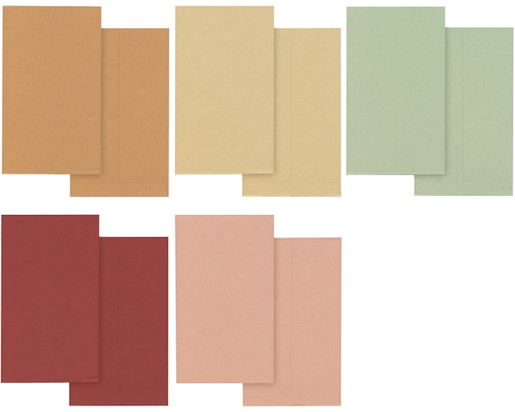 紙製平袋 まんだらのカラーバリエーション上段左から 「きんちゃ」「しぶちゃきん」「おいたけ」下段「えんじ」「にっけい」（幅140×高さ240mm）