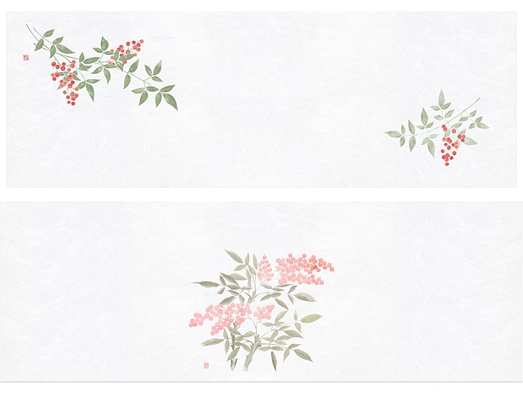 上：00-18210-400 おてもとまっと花友禅 南天（380×132mm）下：07-18210-300 花宴おしながき 南天（390×135mm）