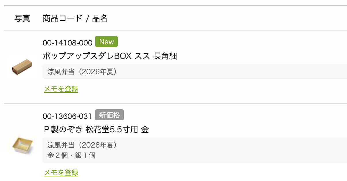 お気に入り商品にメモを残した画面